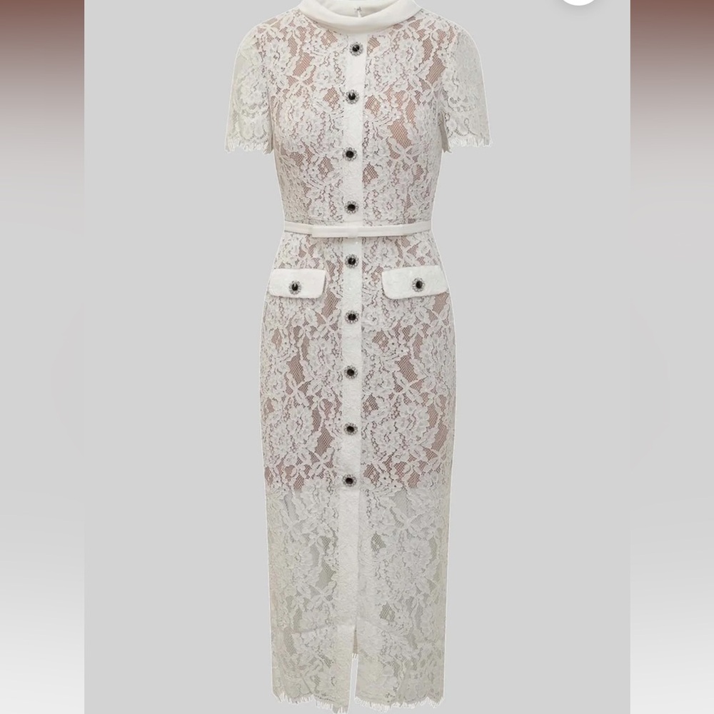 Elegant White Lace Midi Dress with Button Front - Picture 6 of 16